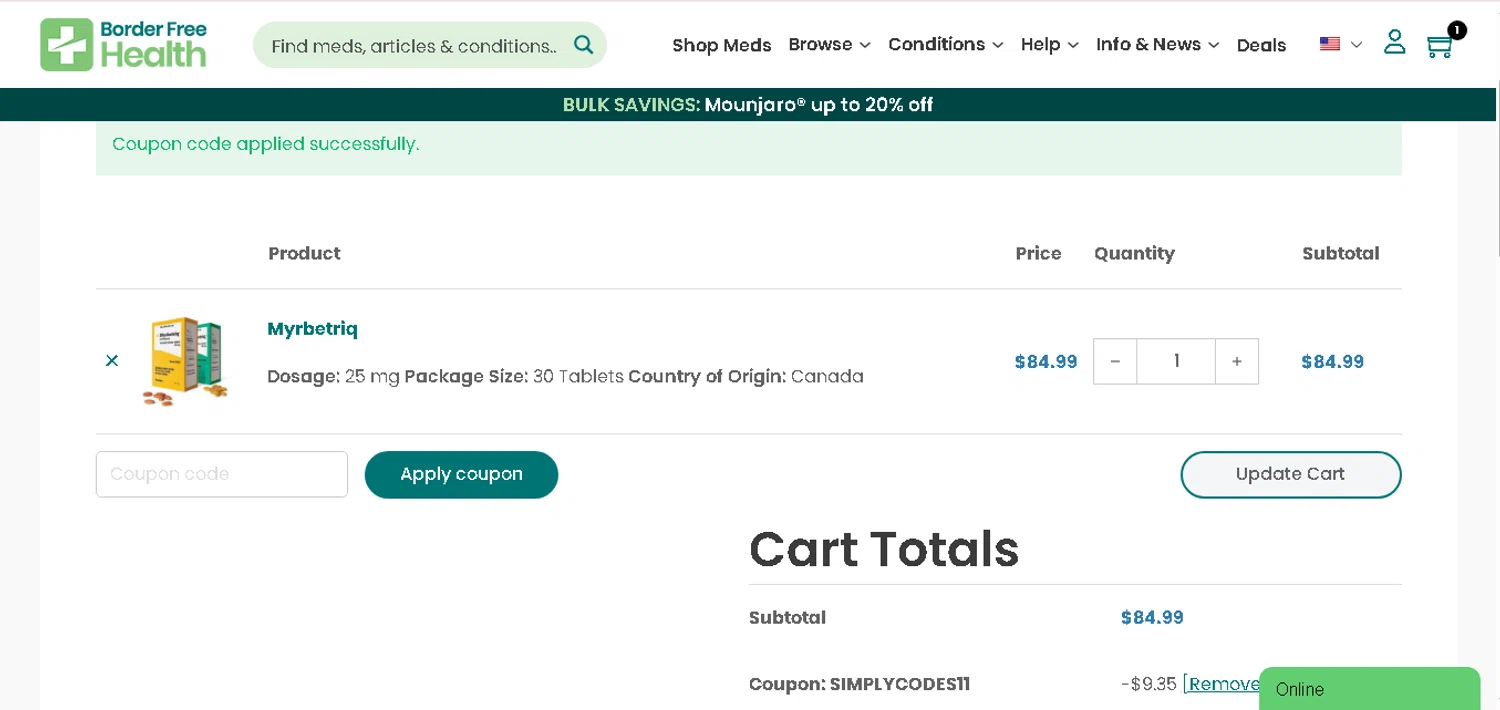 Border Free Health promo code screenshot showing code SIMPLYCODES11 applied at Border Free Health checkout page. Uploaded by SimplyCodes community member MagnificentCurator5441 on Jul 7, 2025