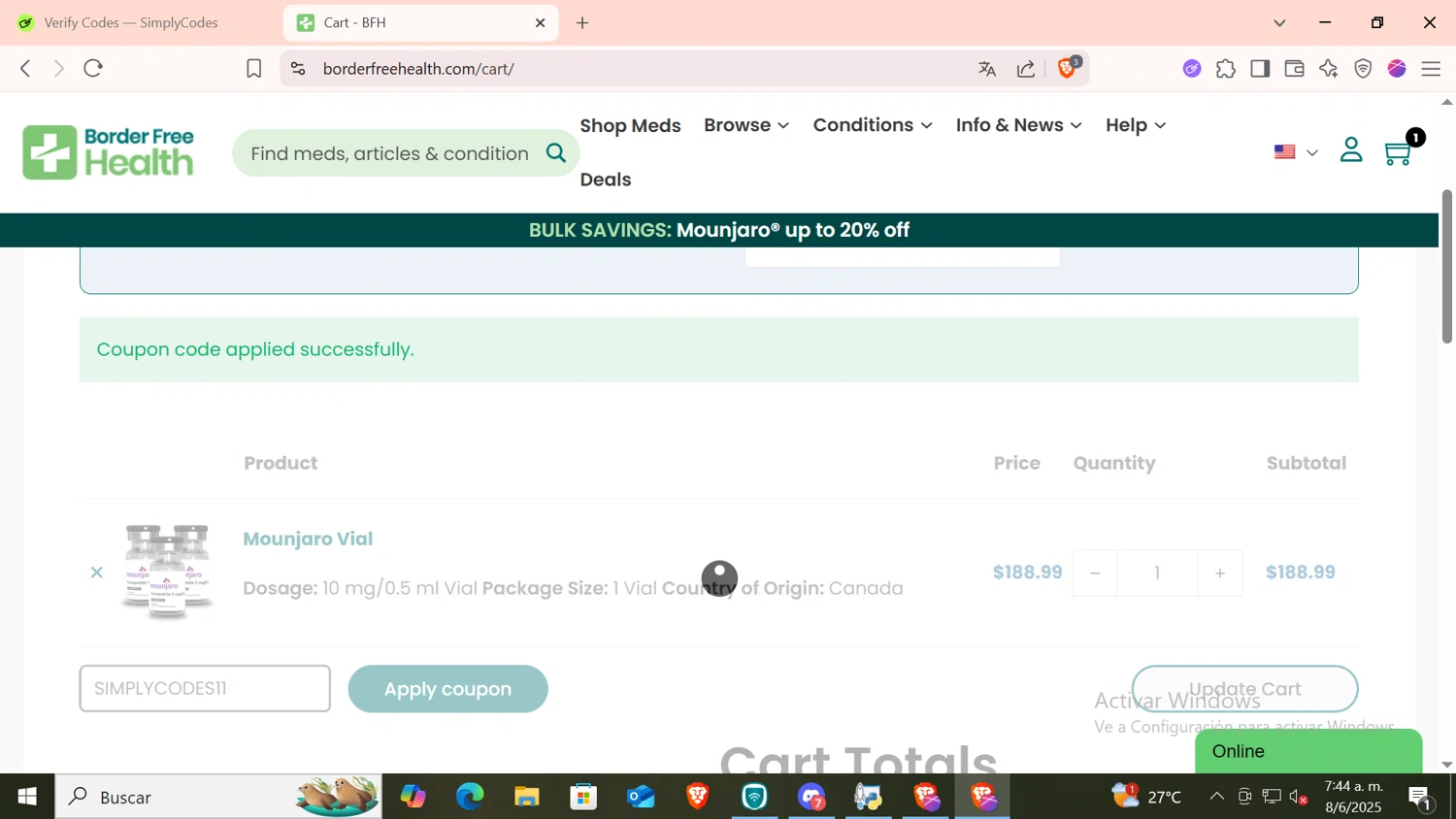 Border Free Health promo code screenshot showing code SIMPLYCODES11 applied at Border Free Health checkout page. Uploaded by SimplyCodes community member CODMOBILE1 on Jun 8, 2025
