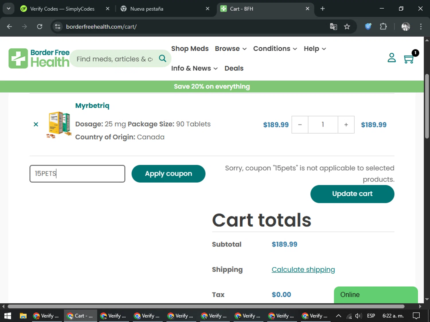 Border Free Health checkout page showing Border Free Health promo code box | Screenshot taken by SimplyCodes community member on Jan 5, 2026