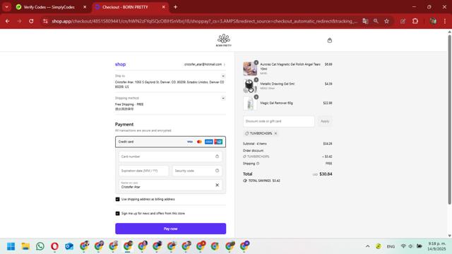 Born Pretty checkout page showing Born Pretty coupon code box | Screenshot taken by SimplyCodes community member on Sep 15, 2025