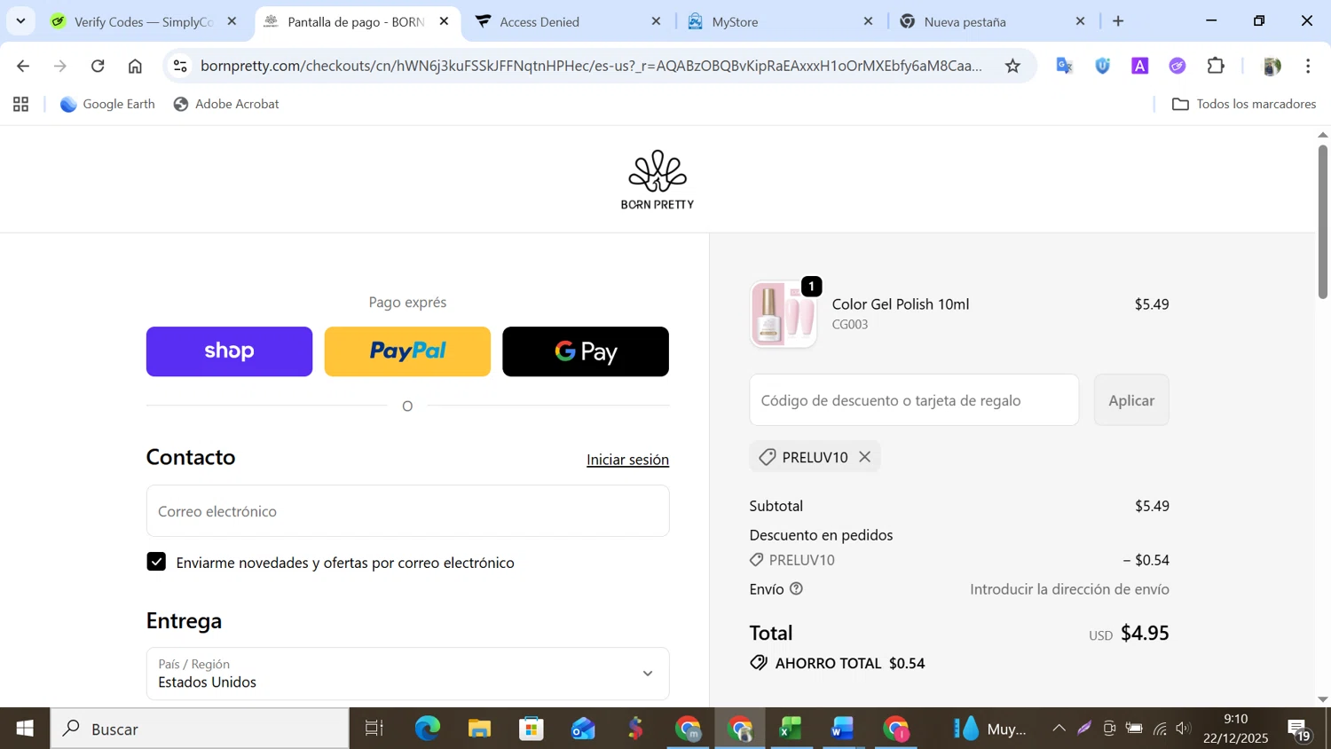 Born Pretty promo code screenshot showing code PRELUV10 applied at Born Pretty checkout page. Uploaded by SimplyCodes community member NobleMonarch5837 on Dec 22, 2025