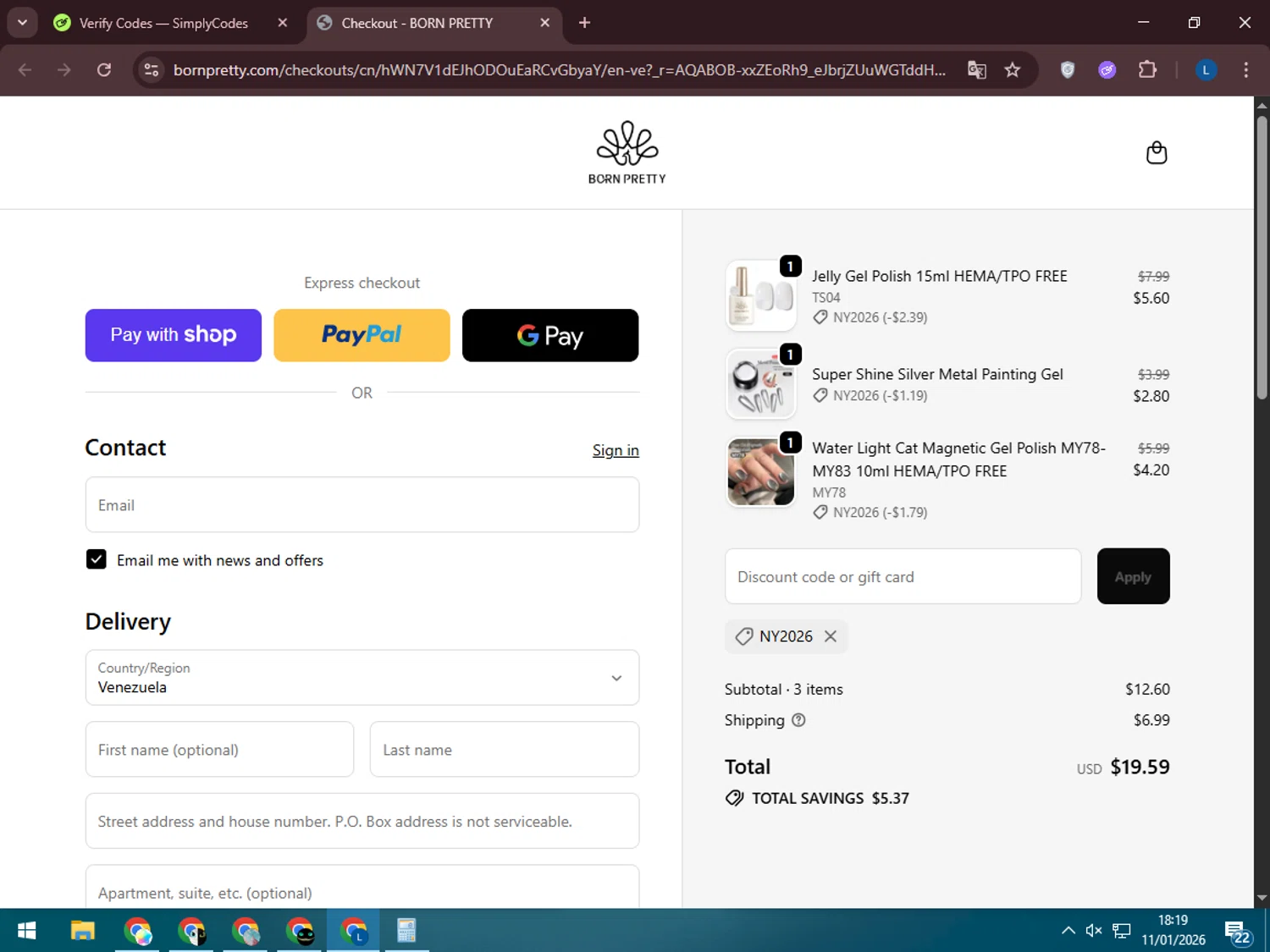 Born Pretty promo code screenshot showing code NY2026 applied at Born Pretty checkout page. Uploaded by SimplyCodes community member LegendaryLegend5536 on Jan 11, 2026