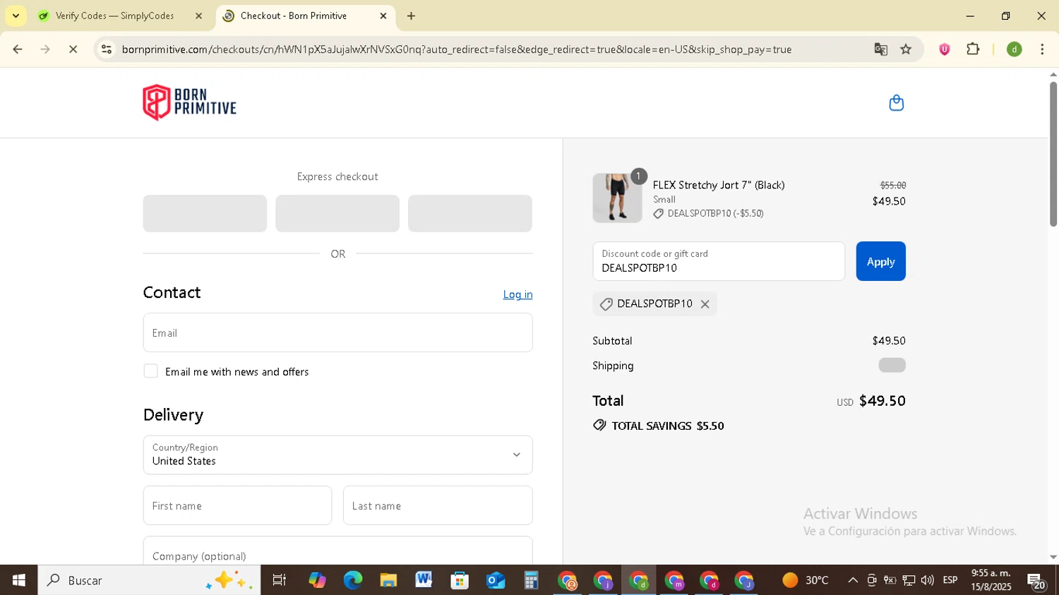 Born Primitive discount code screenshot showing code DEALSPOTBP10 applied at Born Primitive checkout page. Uploaded by SimplyCodes community member SavingsSentinel833 on Aug 15, 2025