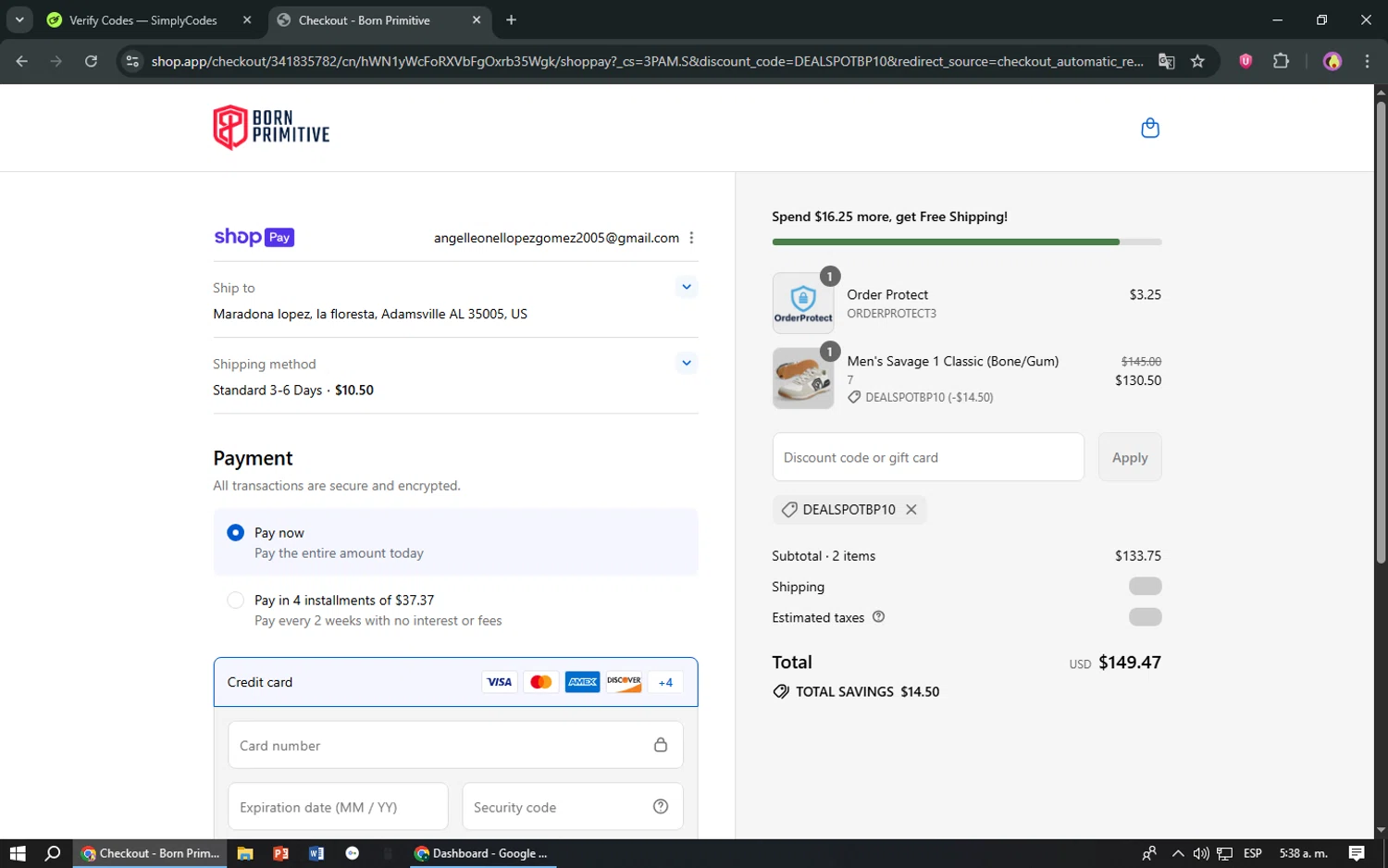 Born Primitive discount code screenshot showing code DEALSPOTBP10 applied at Born Primitive checkout page. Uploaded by SimplyCodes community member TreasureShopper9156 on Aug 19, 2025