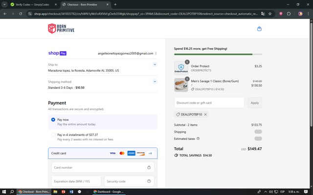 Born Primitive checkout page showing Born Primitive discount code box | Screenshot taken by SimplyCodes community member on Aug 19, 2025