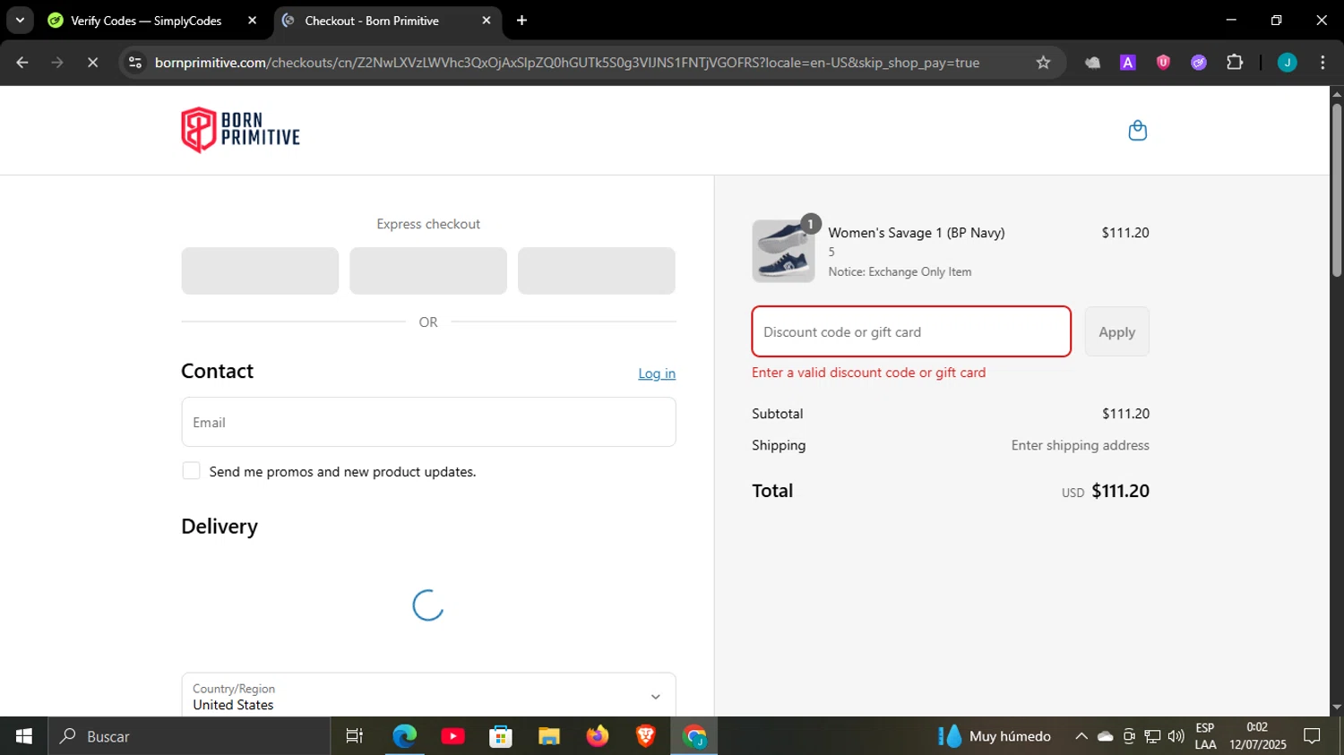 Born Primitive discount code screenshot showing code DEALSPOTBP10 applied at Born Primitive checkout page. Uploaded by SimplyCodes community member WonderCaptain6926 on Jul 12, 2025