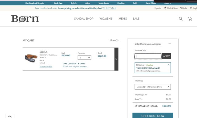 Born Shoes checkout page showing Born Shoes promo code box | Screenshot taken by SimplyCodes community member on Jul 17, 2025