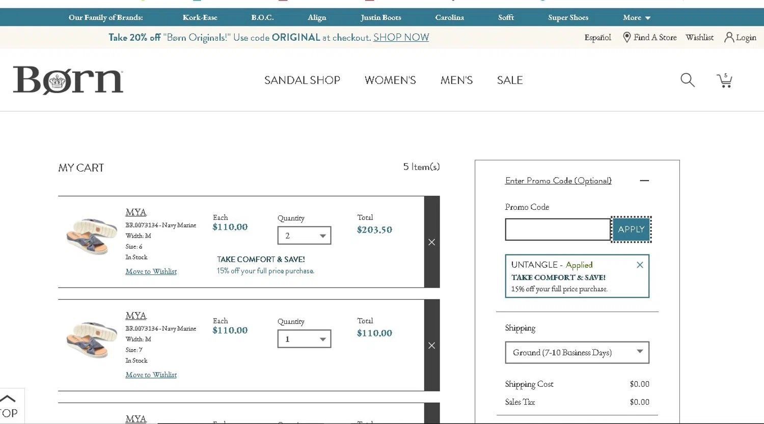 Born Shoes promo code screenshot showing code UNTANGLE applied at Born Shoes checkout page. Uploaded by SimplyCodes community member LAMINEJAMAL on Jun 18, 2025
