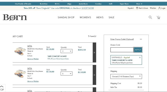 Born Shoes checkout page showing Born Shoes promo code box | Screenshot taken by SimplyCodes community member on Jun 18, 2025