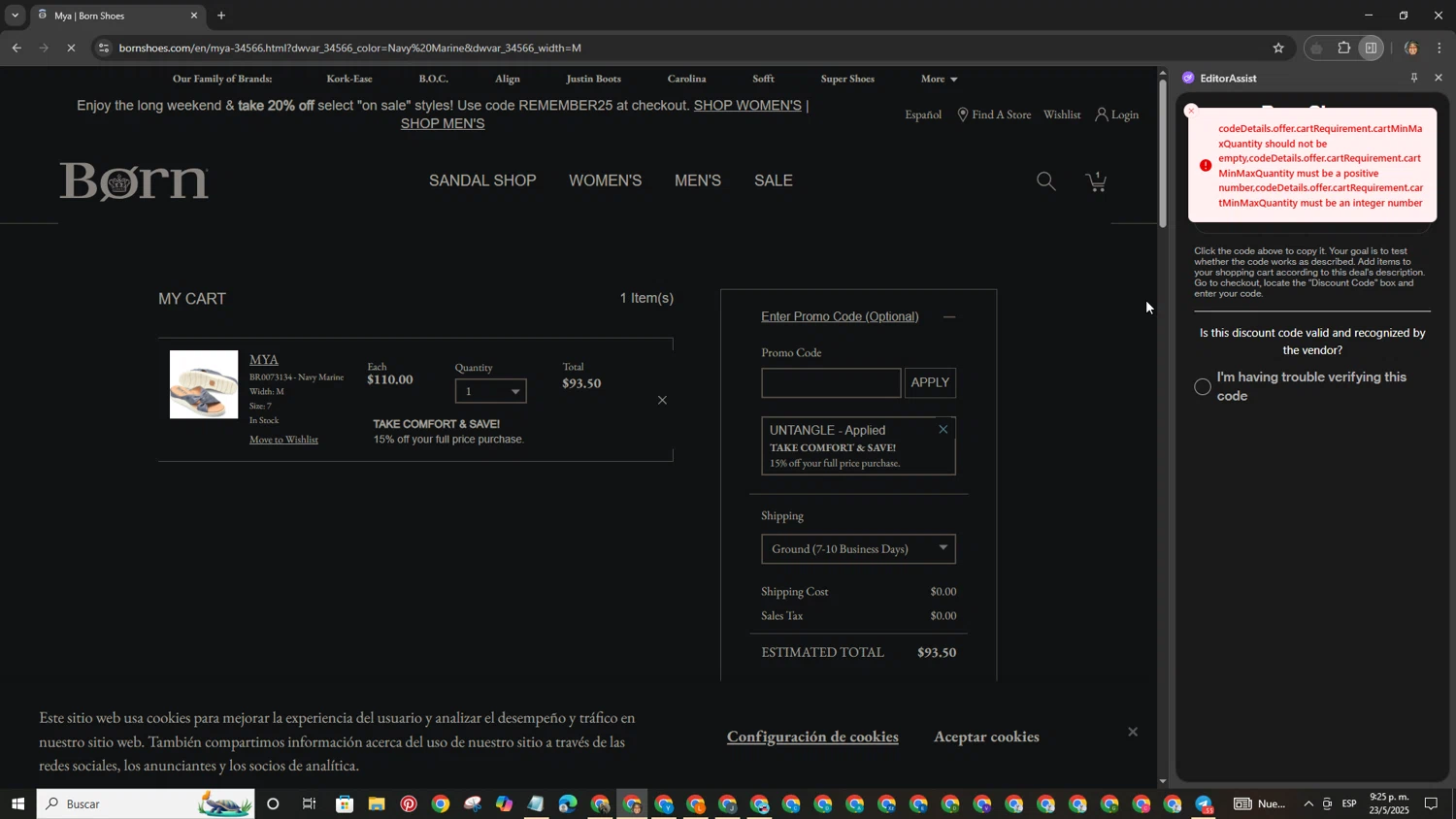 Born Shoes promo code screenshot showing code UNTANGLE applied at Born Shoes checkout page. Uploaded by SimplyCodes community member LegendaryAdmiral6518 on May 24, 2025