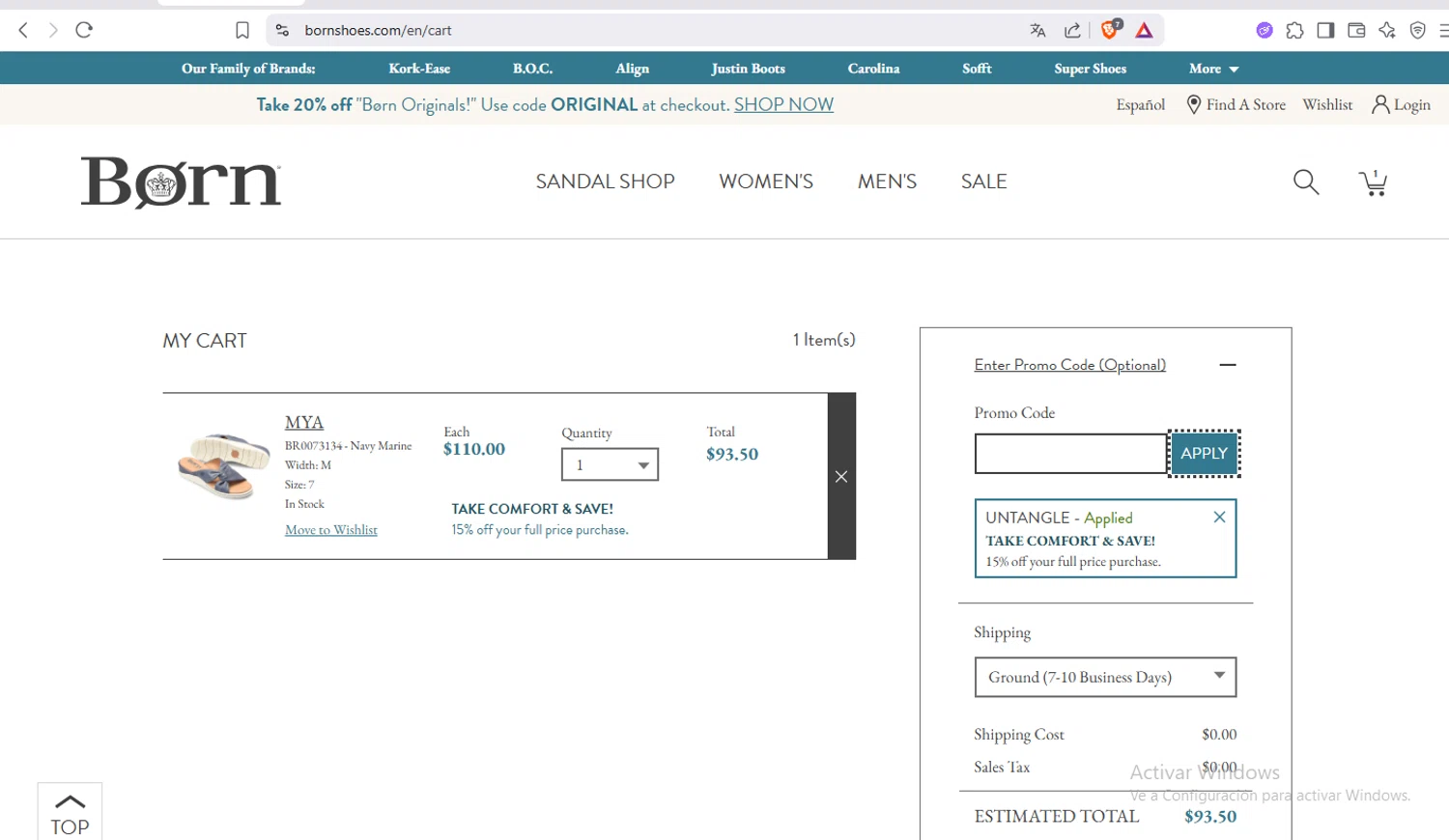 Born Shoes promo code screenshot showing code UNTANGLE applied at Born Shoes checkout page. Uploaded by SimplyCodes community member crischidy25 on Jun 11, 2025