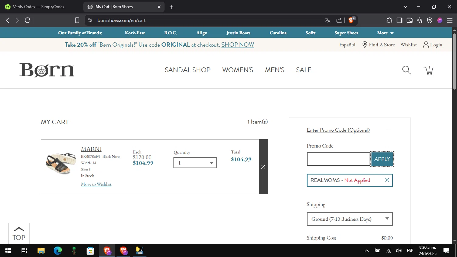 Born Shoes promo code screenshot showing code REALMOMS applied at Born Shoes checkout page. Uploaded by SimplyCodes community member Pitochu on Jun 24, 2025
