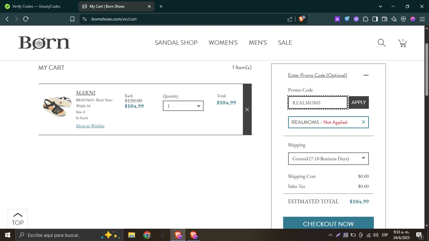 Born Shoes promo code screenshot showing code REALMOMS applied at Born Shoes checkout page. Uploaded by SimplyCodes community member SwiftTracker9305 on Jun 24, 2025