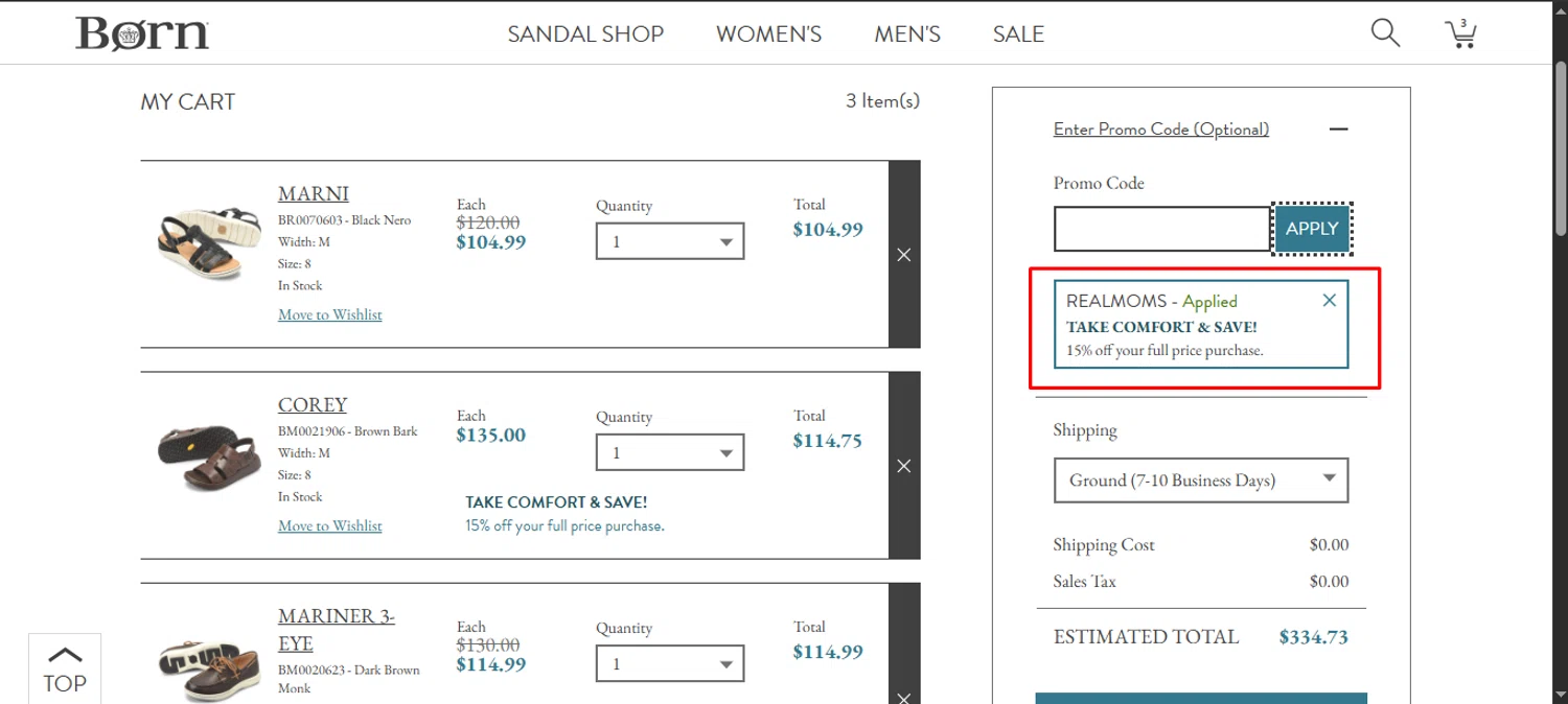 Born Shoes promo code screenshot showing code REALMOMS applied at Born Shoes checkout page. Uploaded by SimplyCodes community member noworries on Jun 24, 2025