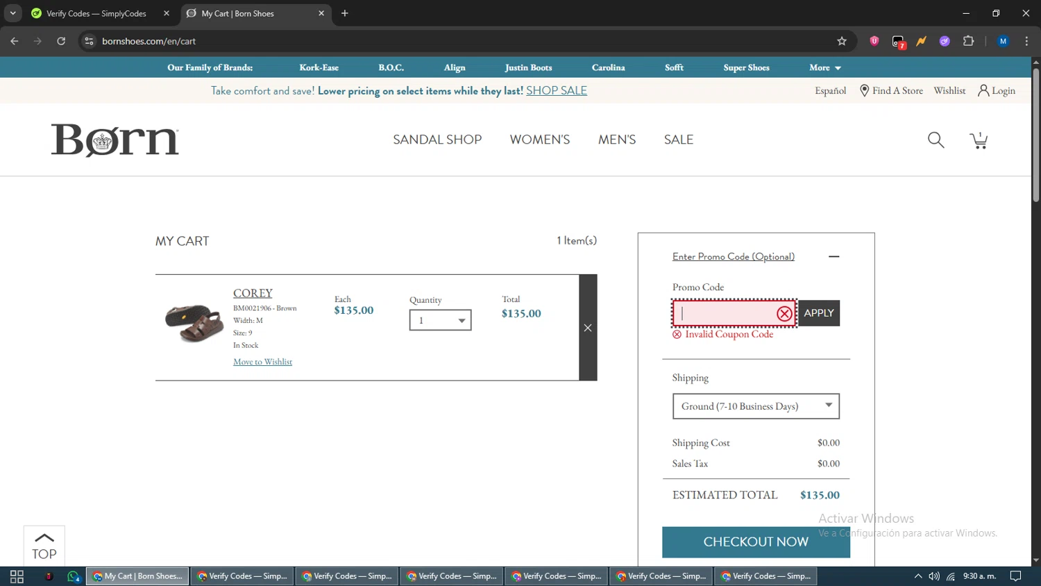 Born Shoes promo code screenshot showing code MINIMALISH applied at Born Shoes checkout page. Uploaded by SimplyCodes community member EpicVoyager2820 on Aug 4, 2025