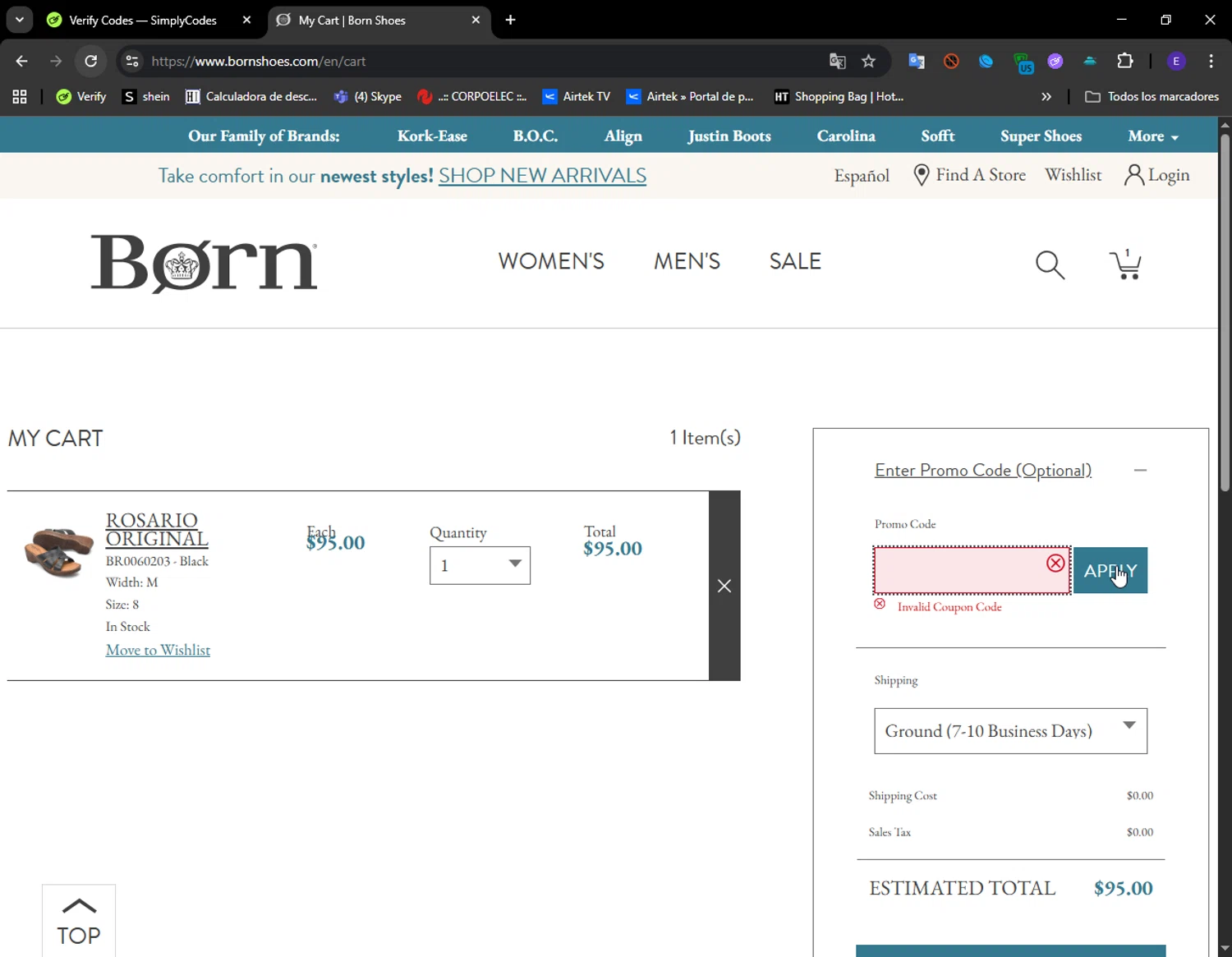 Born Shoes promo code screenshot showing code ORIGINAL applied at Born Shoes checkout page. Uploaded by SimplyCodes community member LuckyFinder274 on Aug 19, 2025
