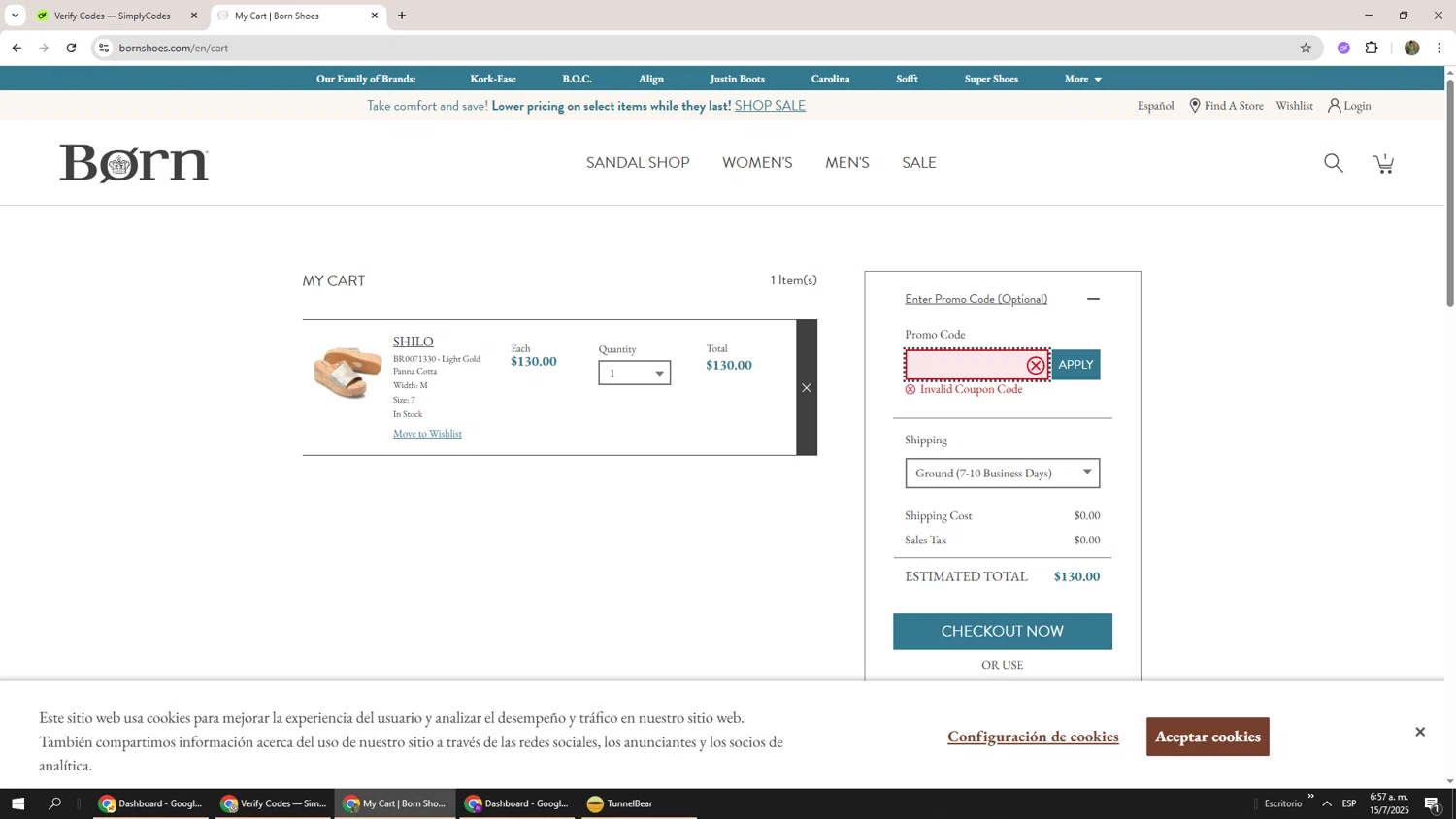 Born Shoes promo code screenshot showing code BornSUMMER applied at Born Shoes checkout page. Uploaded by SimplyCodes community member Phoenix585 on Jul 15, 2025
