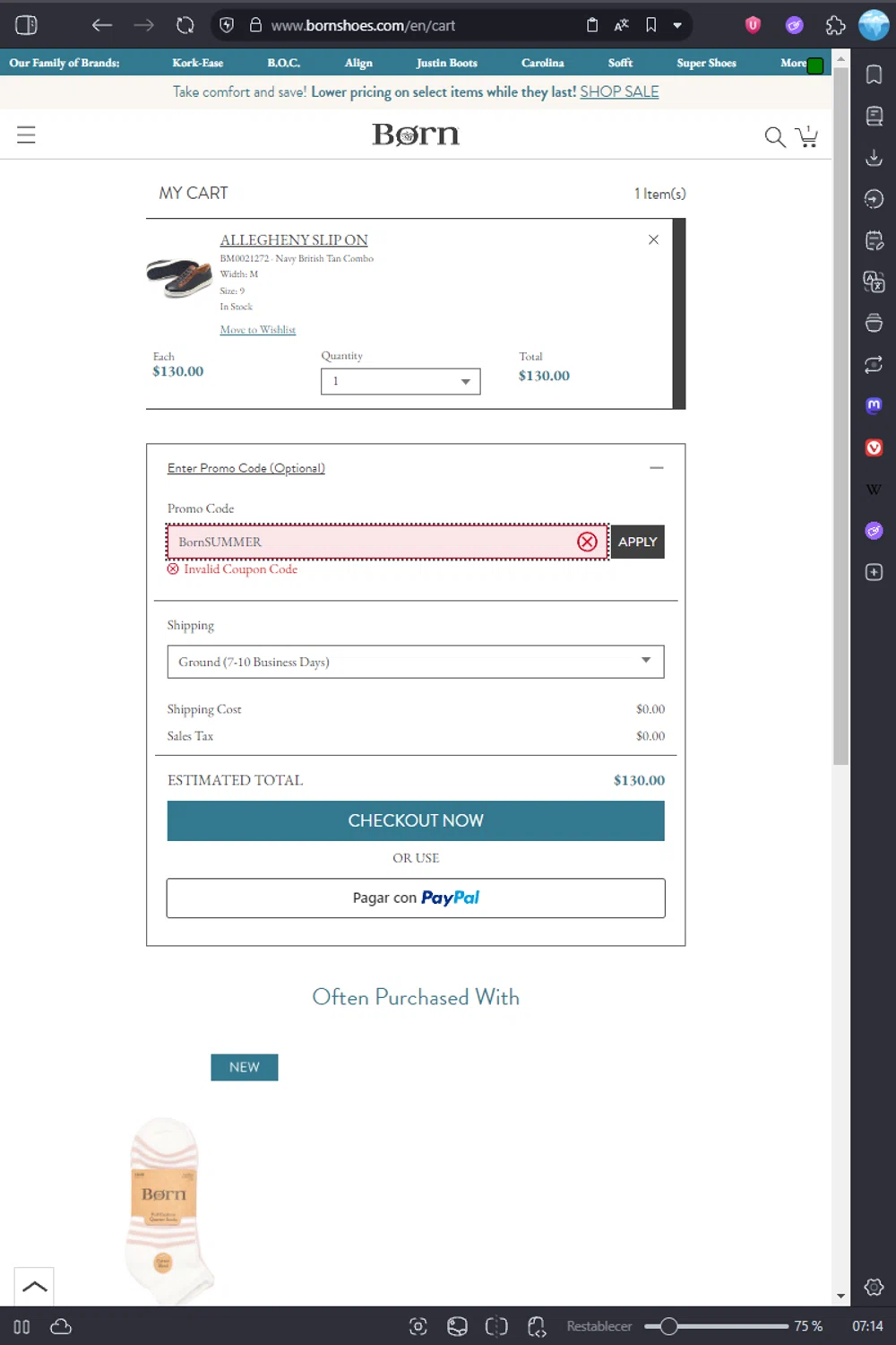 Born Shoes promo code screenshot showing code BornSUMMER applied at Born Shoes checkout page. Uploaded by SimplyCodes community member Scrooge on Jul 15, 2025