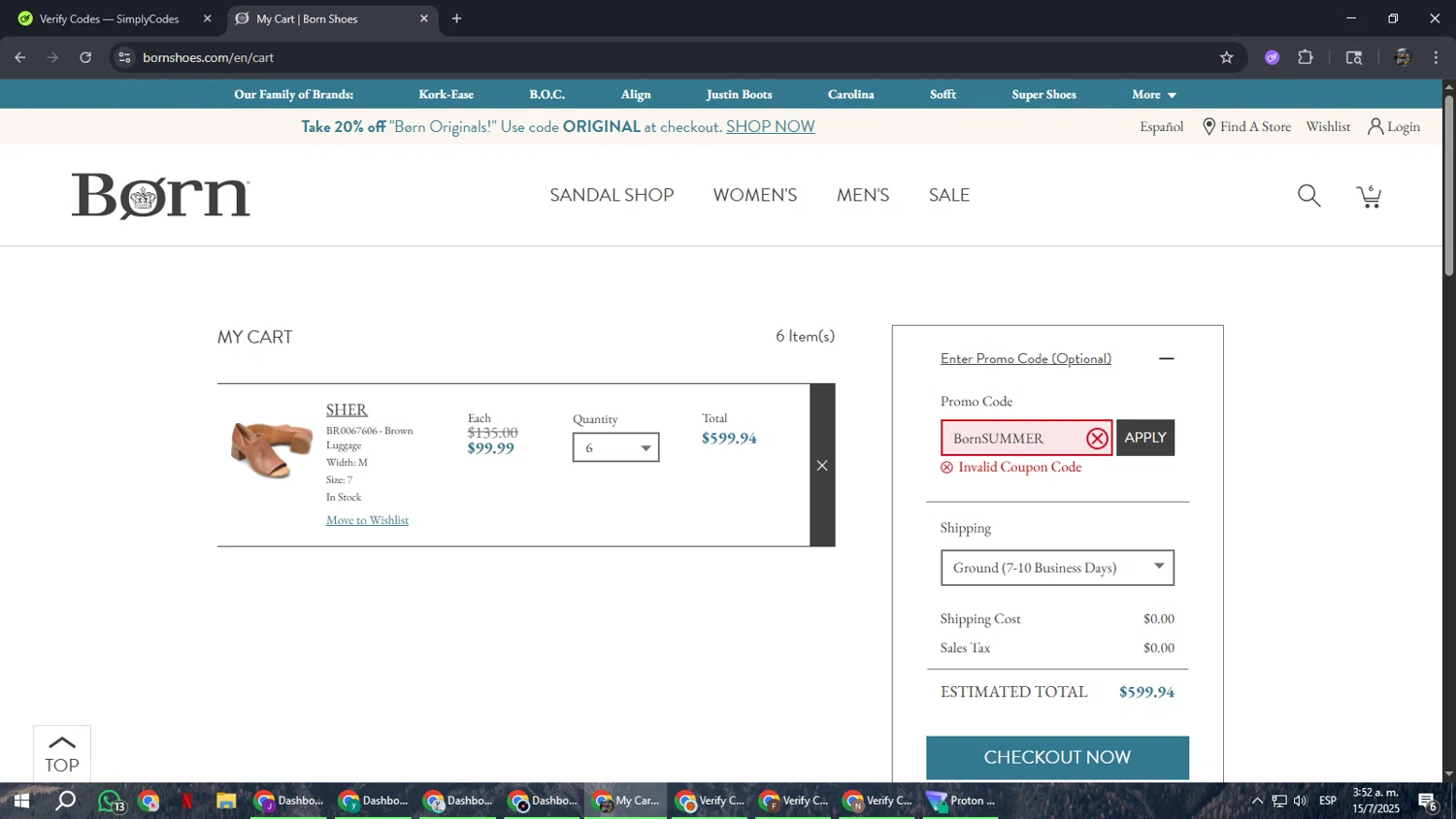 Born Shoes promo code screenshot showing code BornSUMMER applied at Born Shoes checkout page. Uploaded by SimplyCodes community member xxdddd on Jul 15, 2025
