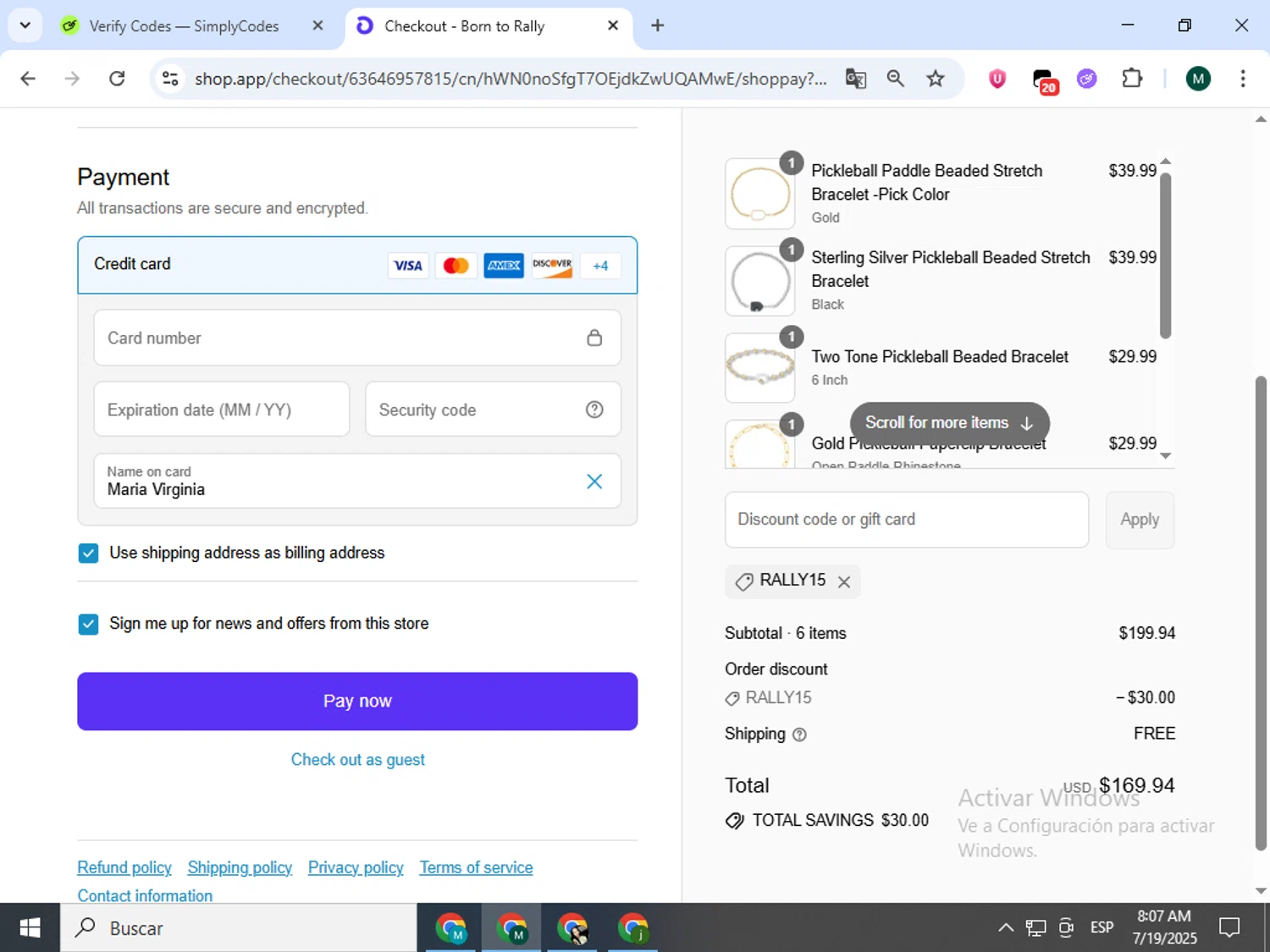 Born to Rally discount code screenshot showing code RALLY15 applied at Born to Rally checkout page. Uploaded by SimplyCodes community member Jorgeluisvera on Jul 19, 2025