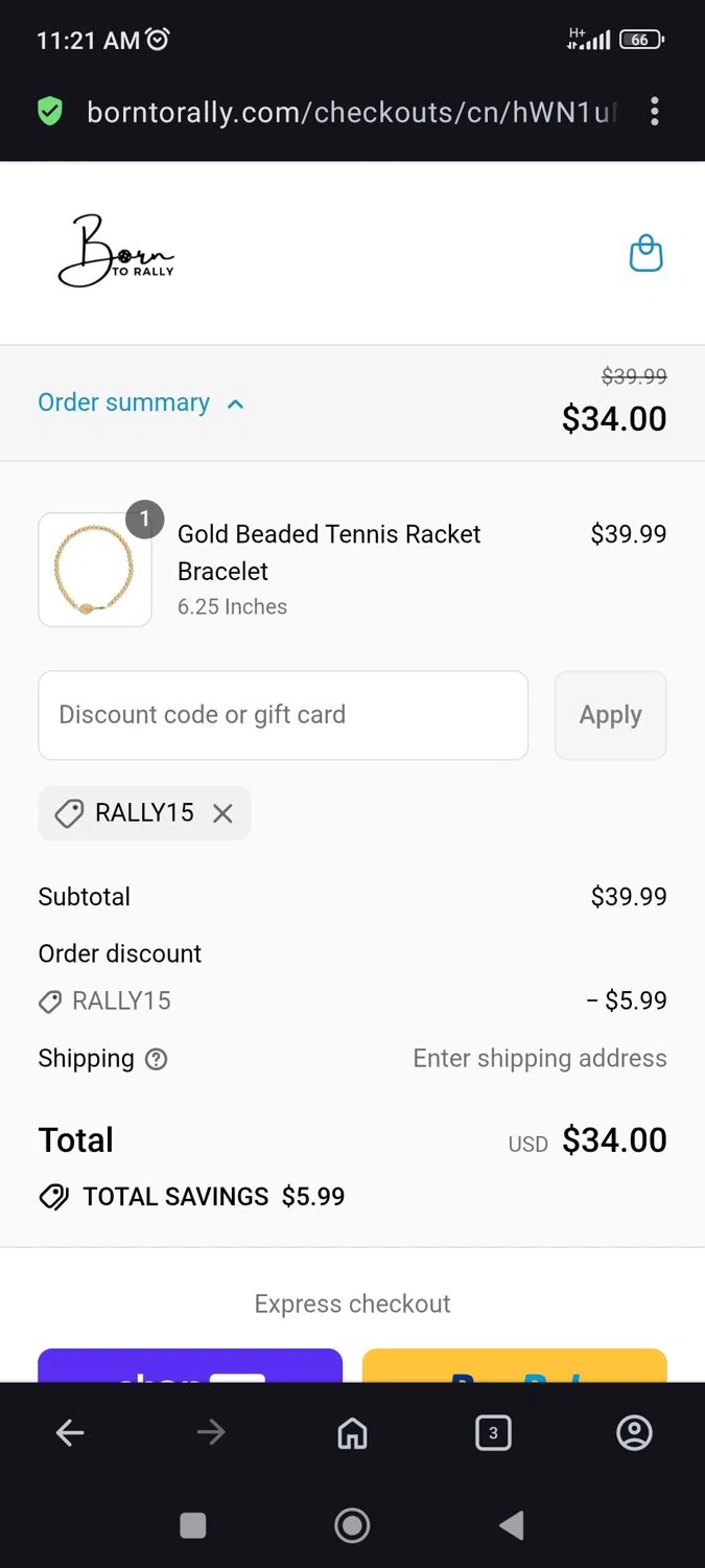 Born to Rally discount code screenshot showing code RALLY15 applied at Born to Rally checkout page. Uploaded by SimplyCodes community member JulesCrnel on Aug 17, 2025