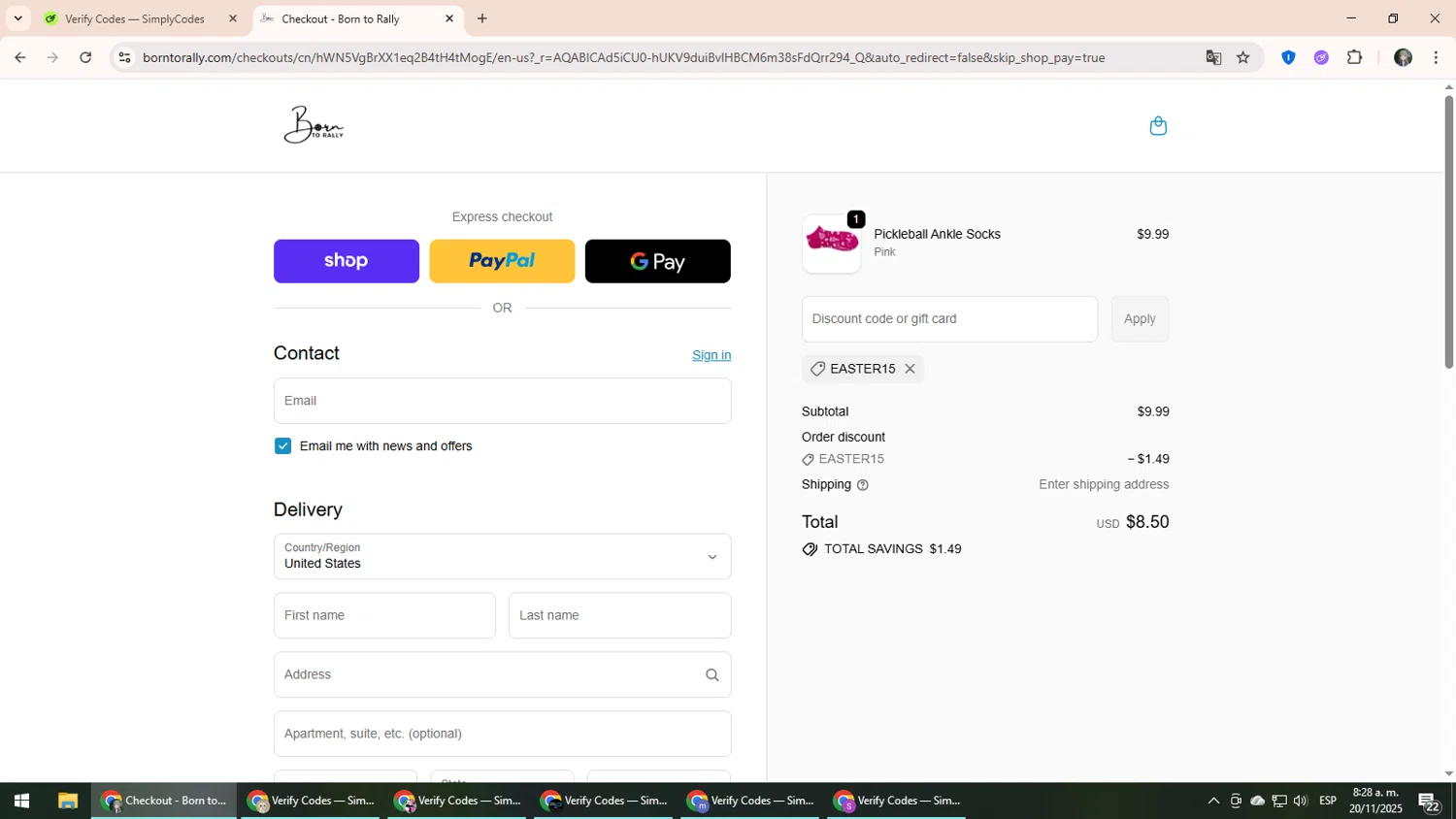 Born to Rally discount code screenshot showing code easter15 applied at Born to Rally checkout page. Uploaded by SimplyCodes community member CleverLynx6871 on Nov 20, 2025