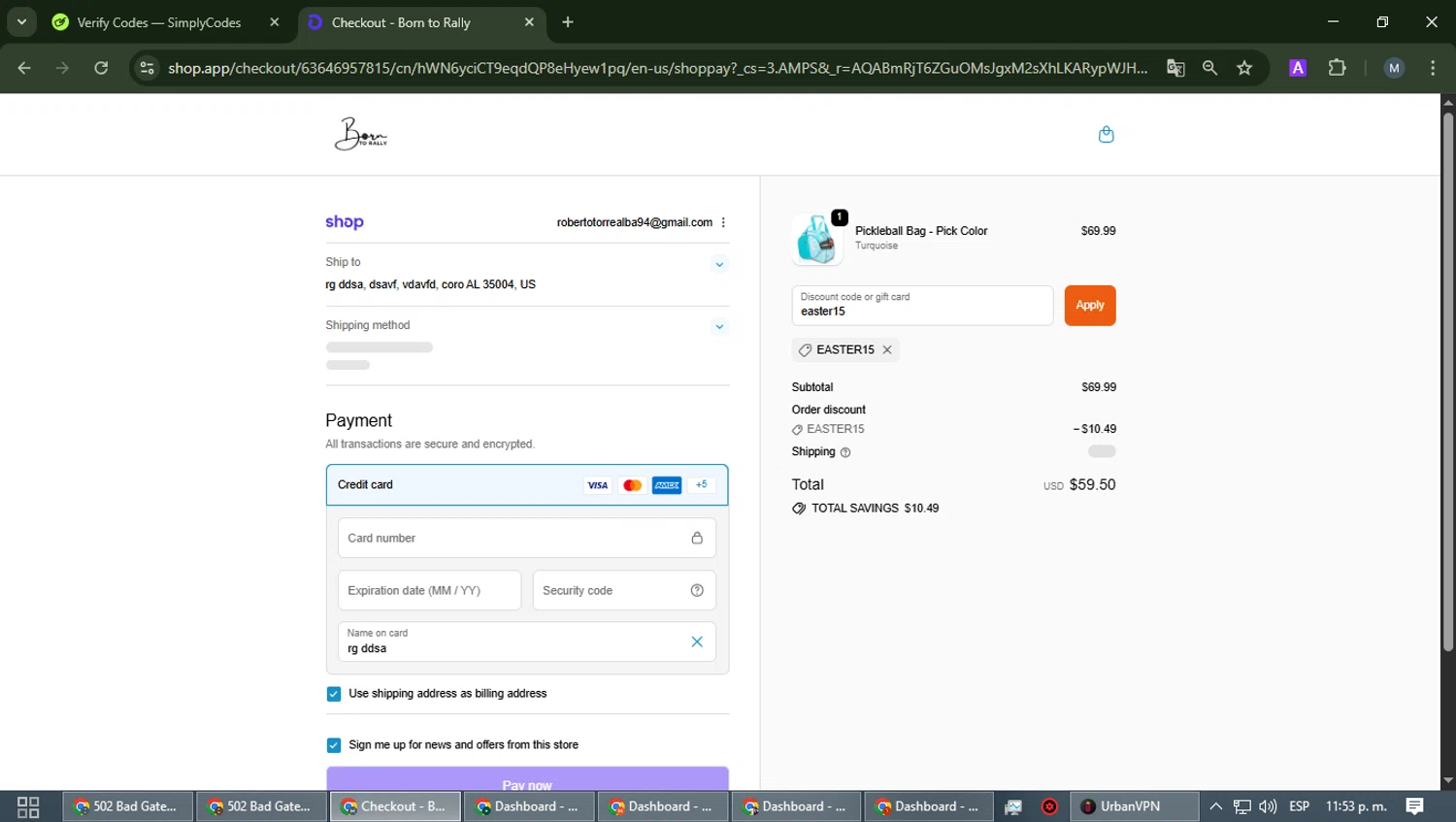 Born to Rally discount code screenshot showing code easter15 applied at Born to Rally checkout page. Uploaded by SimplyCodes community member EpicCaptain5837 on Dec 29, 2025