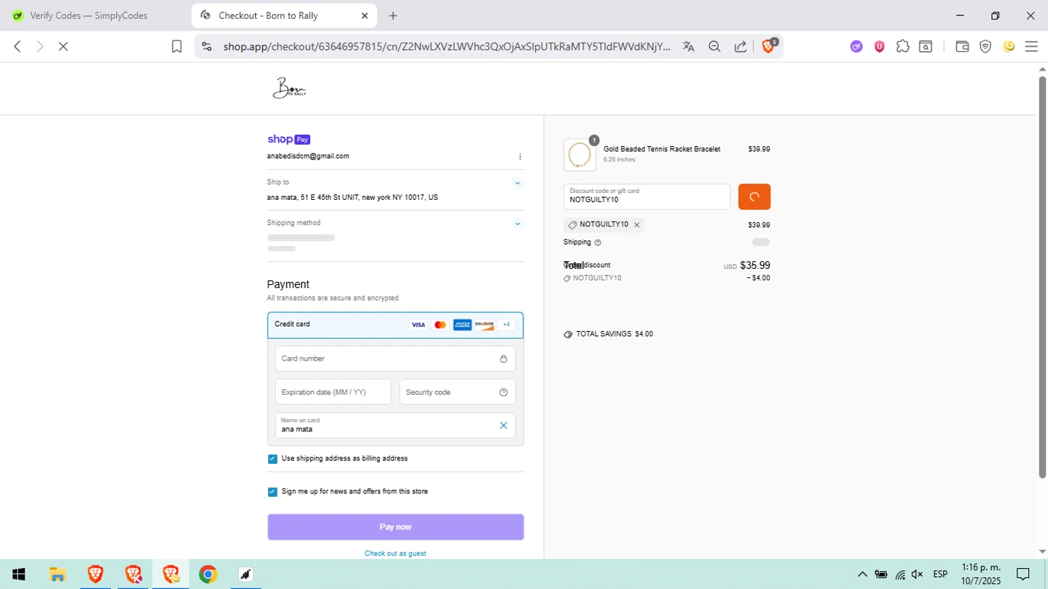 Born to Rally discount code screenshot showing code NOTGUILTY10 applied at Born to Rally checkout page. Uploaded by SimplyCodes community member anaoee on Jul 10, 2025