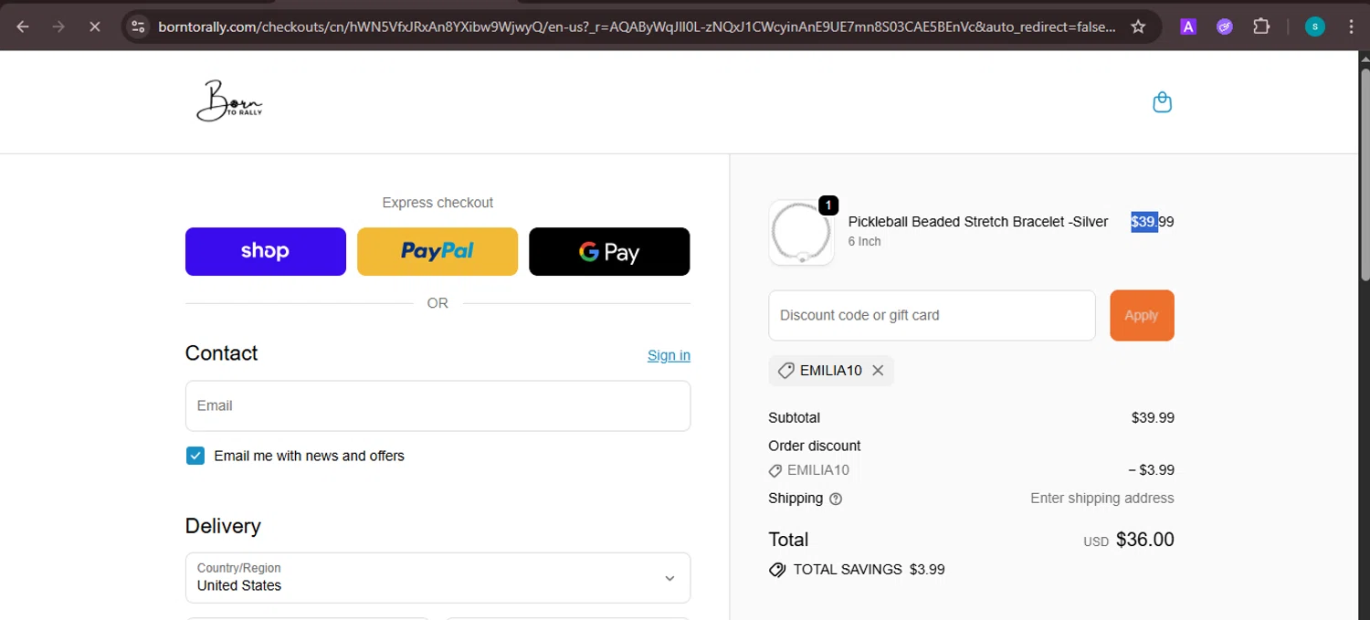Born to Rally discount code screenshot showing code EMILIA10 applied at Born to Rally checkout page. Uploaded by SimplyCodes community member ValiantChaser7723 on Nov 20, 2025