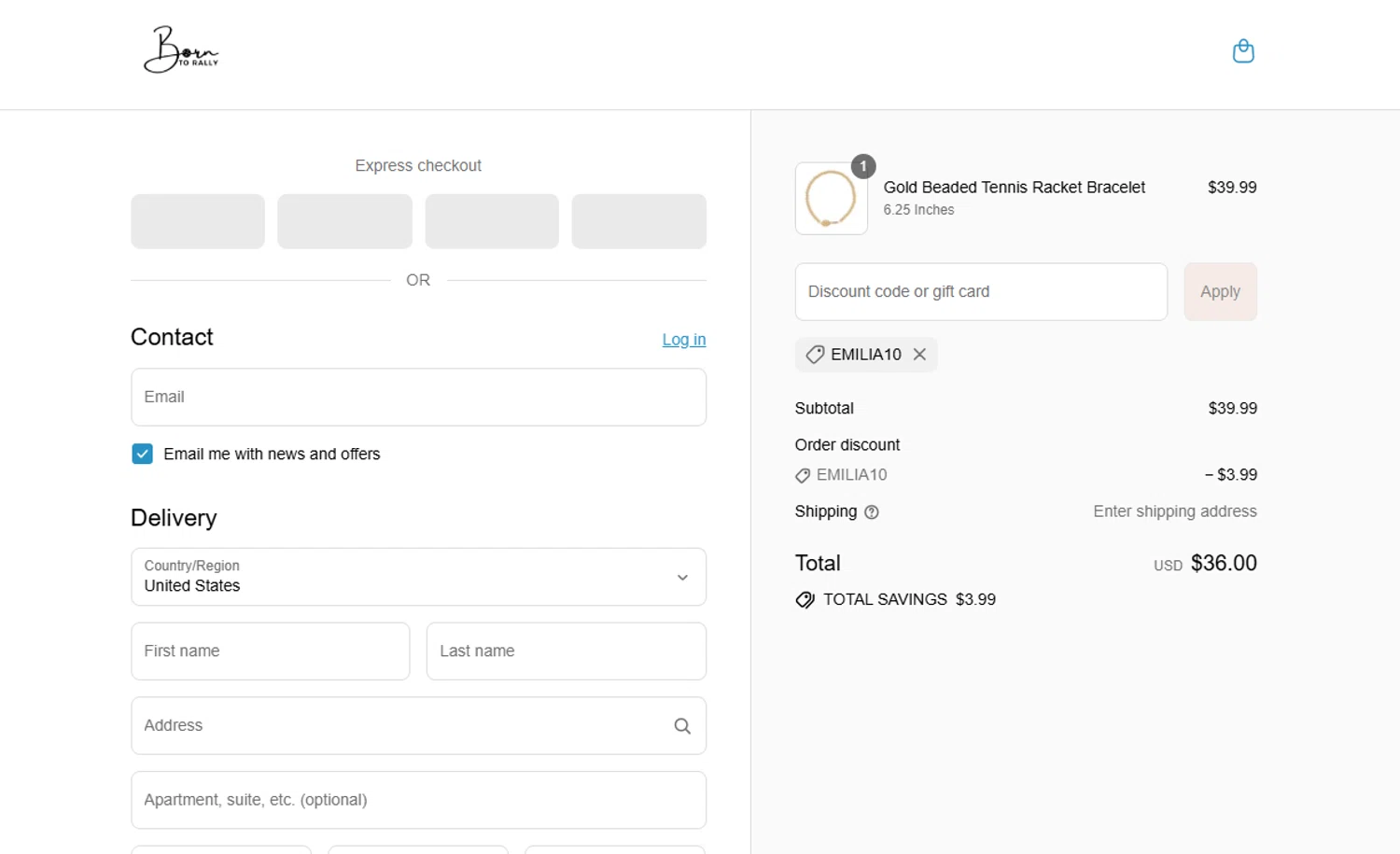 Born to Rally discount code screenshot showing code EMILIA10 applied at Born to Rally checkout page. Uploaded by SimplyCodes community member WonderSaver8569 on Jul 27, 2025