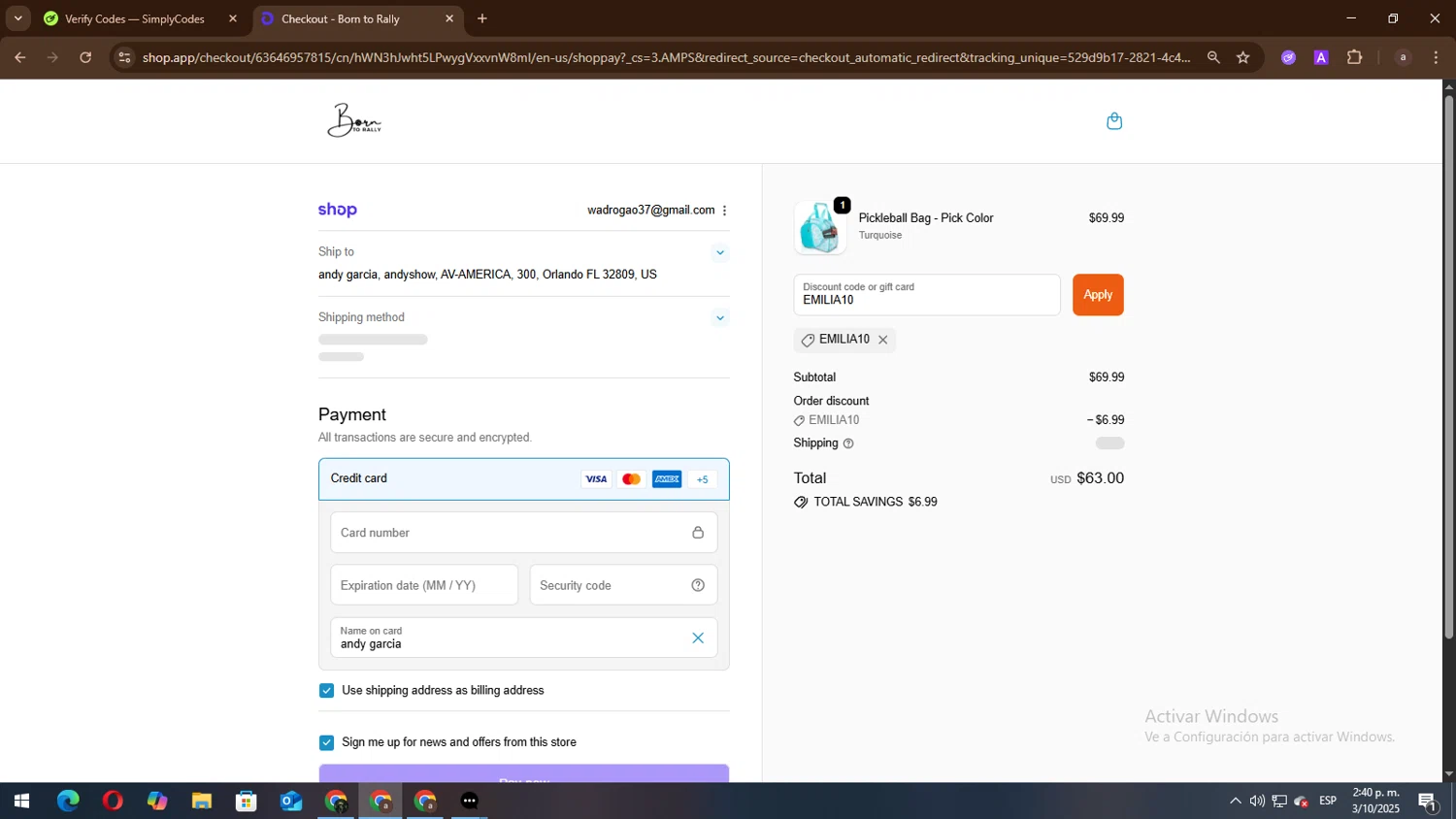 Born to Rally discount code screenshot showing code EMILIA10 applied at Born to Rally checkout page. Uploaded by SimplyCodes community member lisandro on Oct 3, 2025