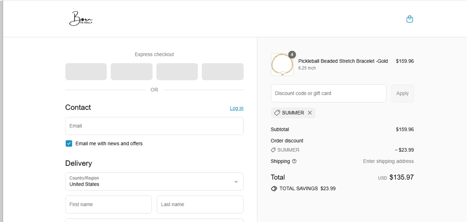 Born to Rally discount code screenshot showing code summer applied at Born to Rally checkout page. Uploaded by SimplyCodes community member shark12 on Aug 8, 2025
