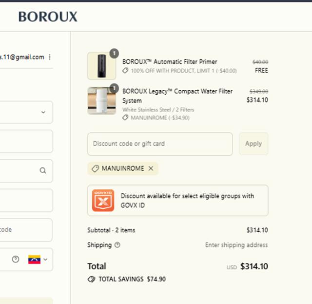 Boroux checkout page showing Boroux discount code box | Screenshot taken by SimplyCodes community member on Sep 8, 2025