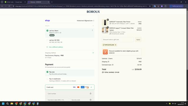 Boroux checkout page showing Boroux discount code box | Screenshot taken by SimplyCodes community member on Sep 8, 2025
