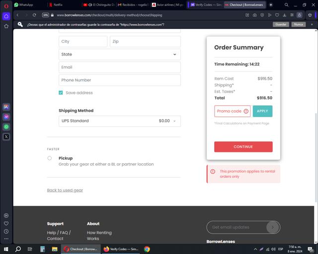 BorrowLenses checkout page showing BorrowLenses promo code box | Screenshot taken by SimplyCodes community member on Jan 8, 2024