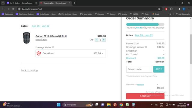 BorrowLenses checkout page showing BorrowLenses promo code box | Screenshot taken by SimplyCodes community member on Dec 18, 2023