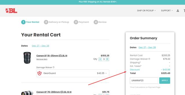 BorrowLenses checkout page showing BorrowLenses promo code box | Screenshot taken by SimplyCodes community member on Dec 7, 2023