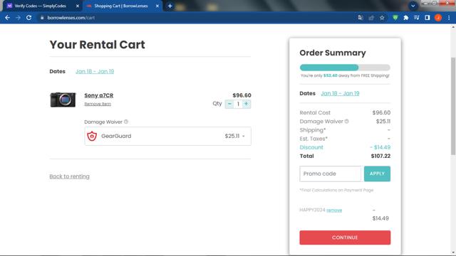 BorrowLenses checkout page showing BorrowLenses promo code box | Screenshot taken by SimplyCodes community member on Jan 16, 2024