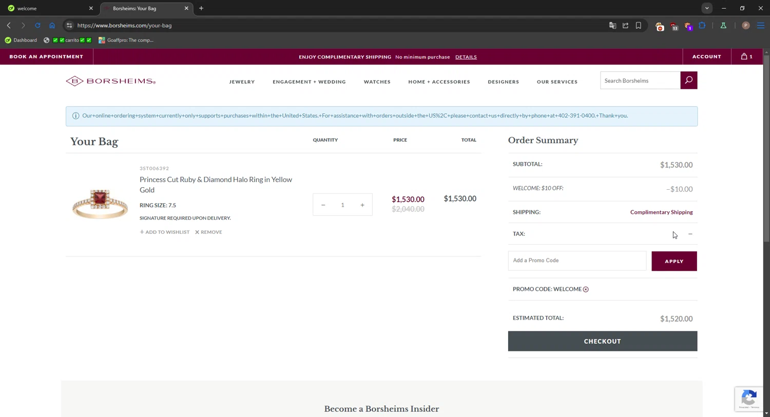 Borsheims checkout page showing Borsheims promo code box | Screenshot taken by SimplyCodes community member on Jan 4, 2026