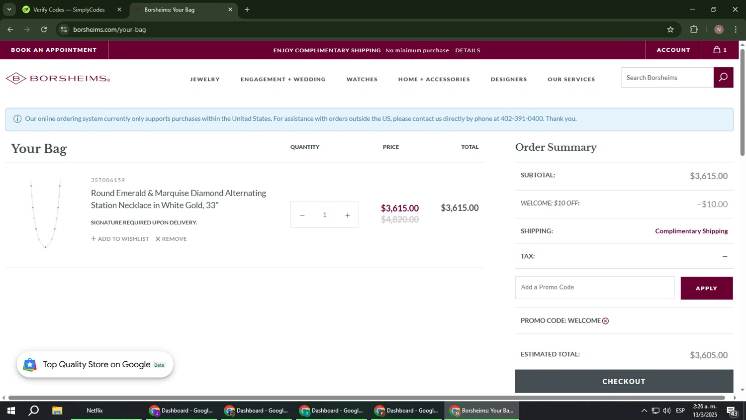 Borsheims promo code screenshot showing code welcome applied at Borsheims checkout page. Uploaded by SimplyCodes community member DiscountPioneer2554 on Mar 13, 2025