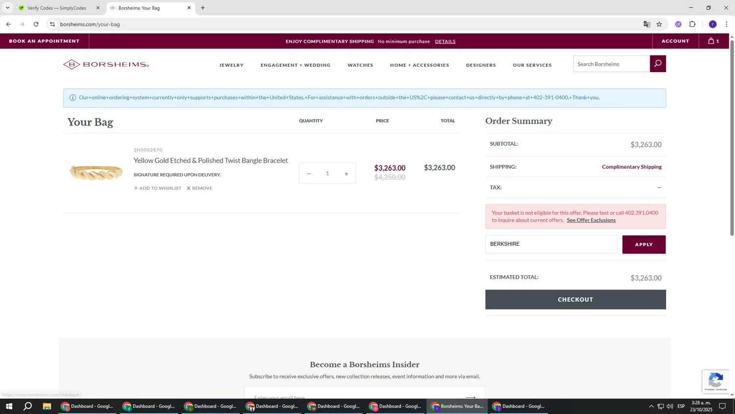 Borsheims checkout page showing Borsheims promo code box | Screenshot taken by SimplyCodes community member on Oct 23, 2025