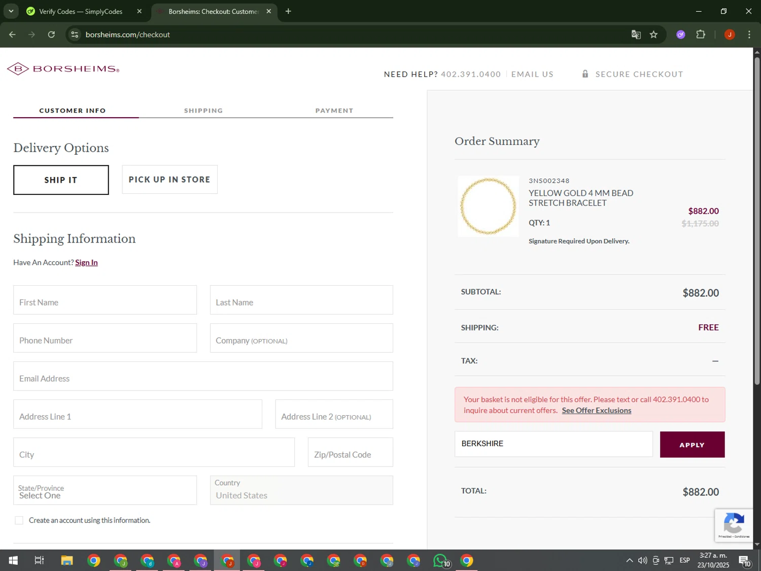 Borsheims checkout page showing Borsheims promo code box | Screenshot taken by SimplyCodes community member on Oct 23, 2025