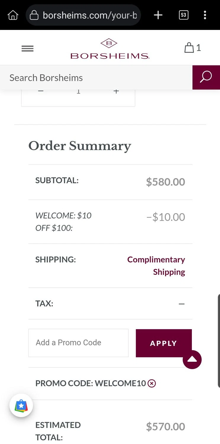 Borsheims promo code screenshot showing code WELCOME10 applied at Borsheims checkout page. Uploaded by SimplyCodes community member Carloslvz on May 17, 2025