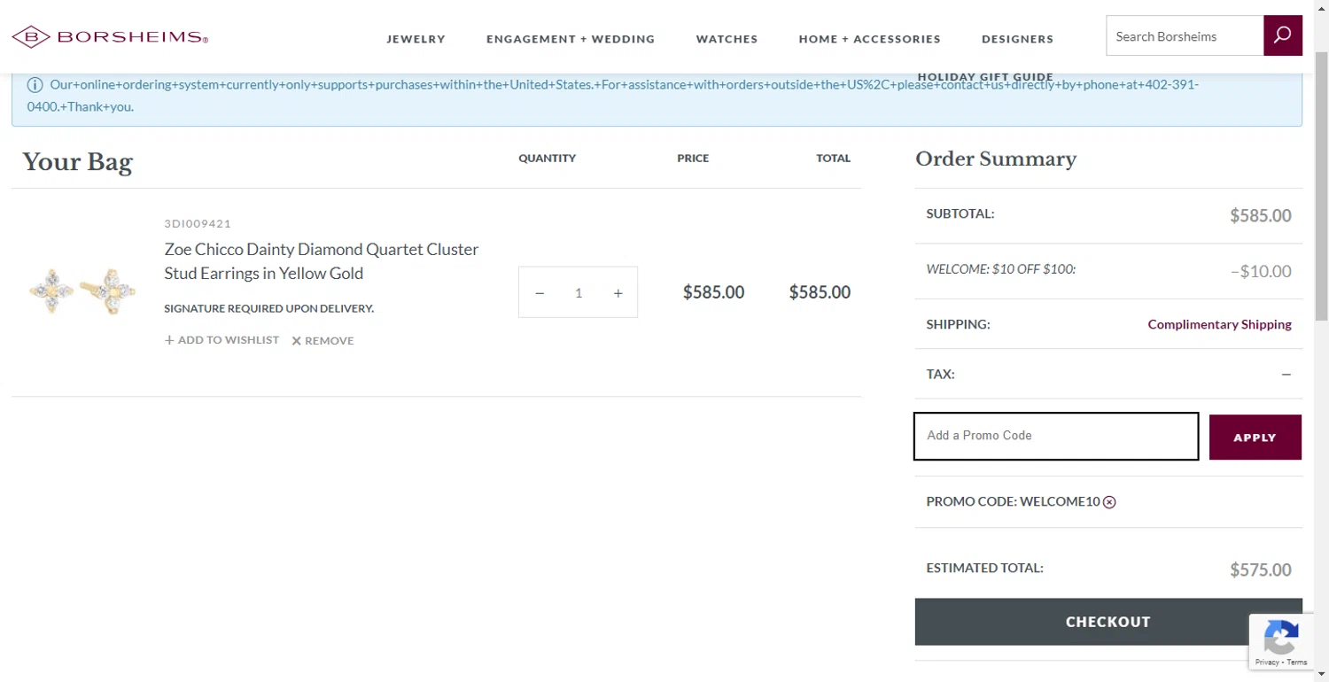 Borsheims promo code screenshot showing code WELCOME10 applied at Borsheims checkout page. Uploaded by SimplyCodes community member DiscountPhoenix427 on Nov 27, 2025