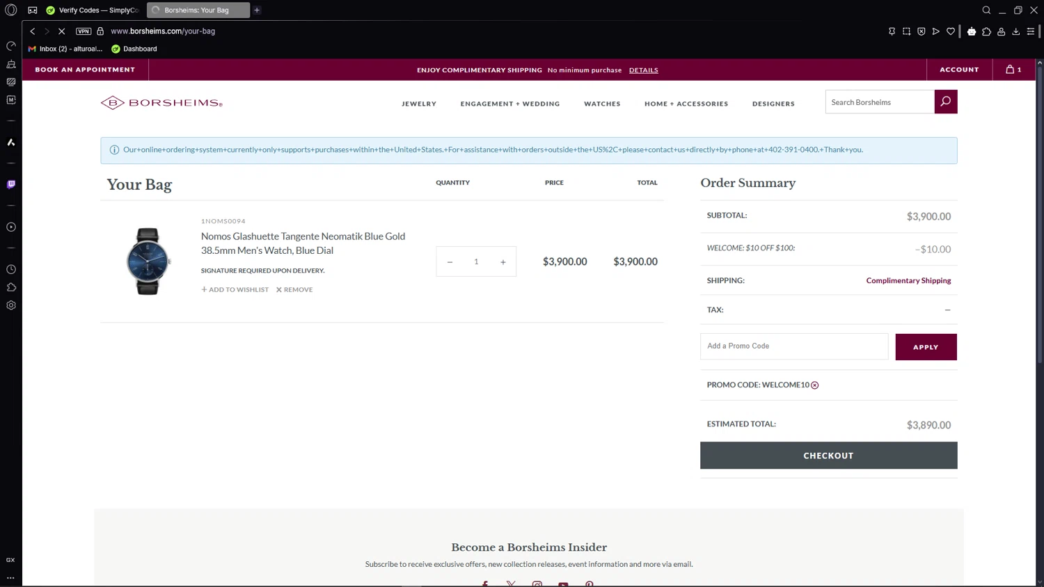 Borsheims promo code screenshot showing code WELCOME10 applied at Borsheims checkout page. Uploaded by SimplyCodes community member CleverSage7079 on May 14, 2025