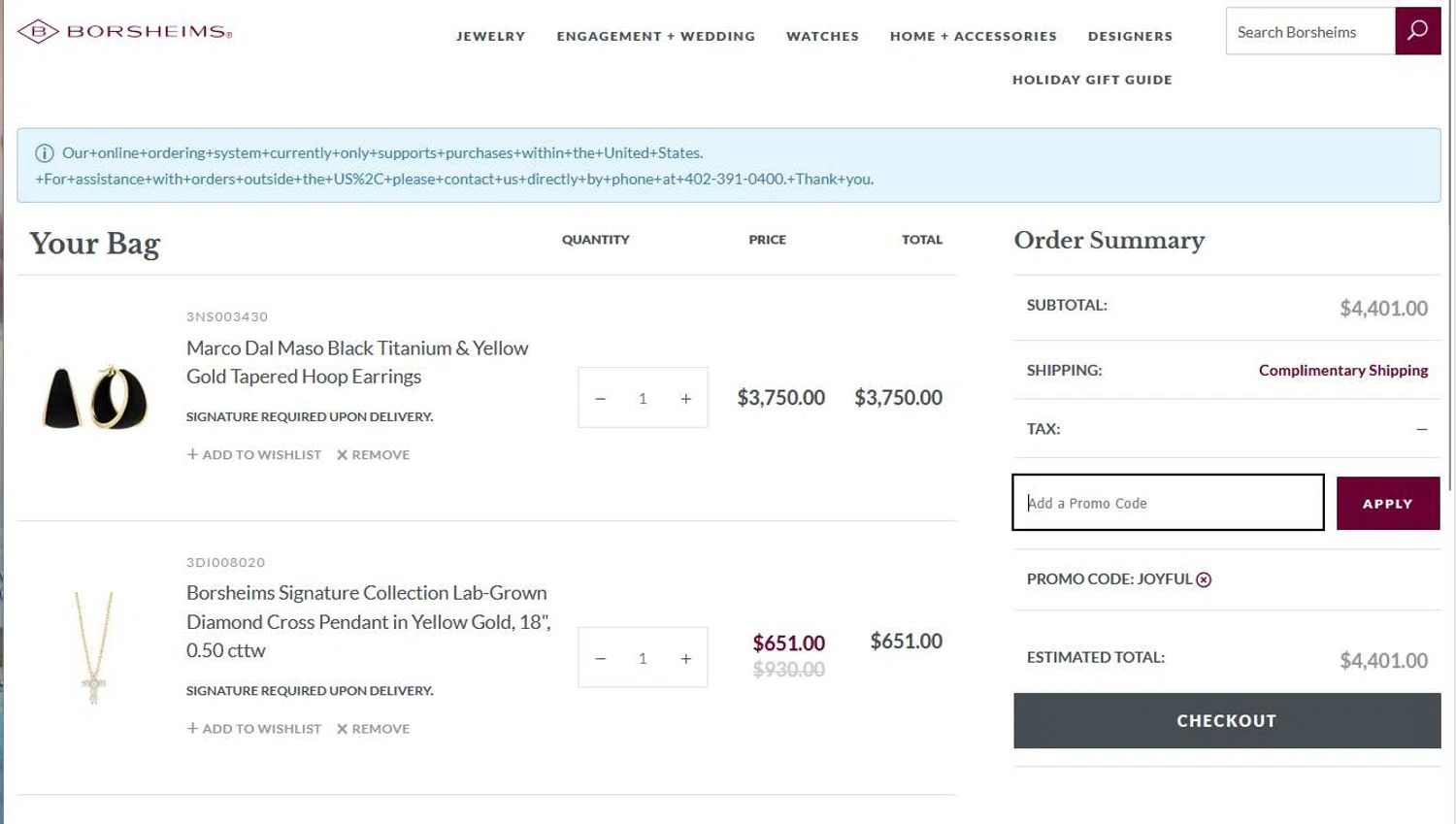 Borsheims promo code screenshot showing code joyful applied at Borsheims checkout page. Uploaded by SimplyCodes community member stygian1 on Nov 11, 2025