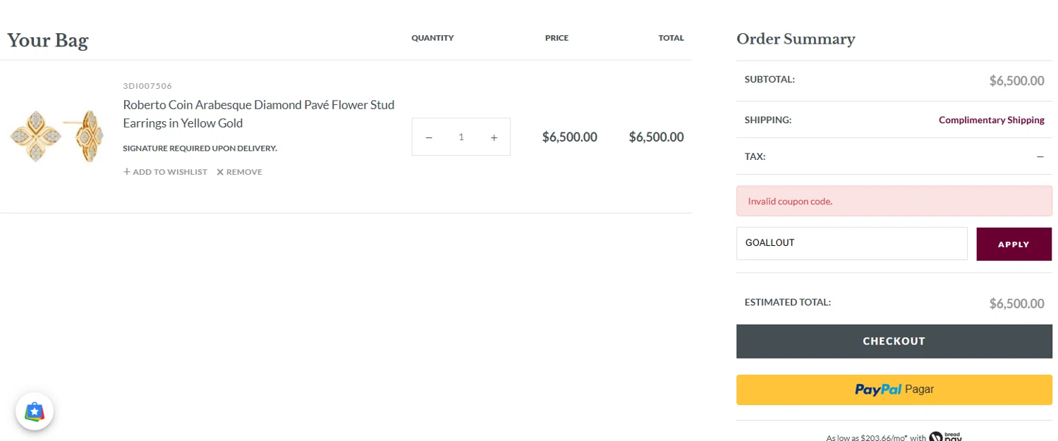 Borsheims promo code screenshot showing code GOALLOUT applied at Borsheims checkout page. Uploaded by SimplyCodes community member CrownSleuth7125 on Jan 11, 2025