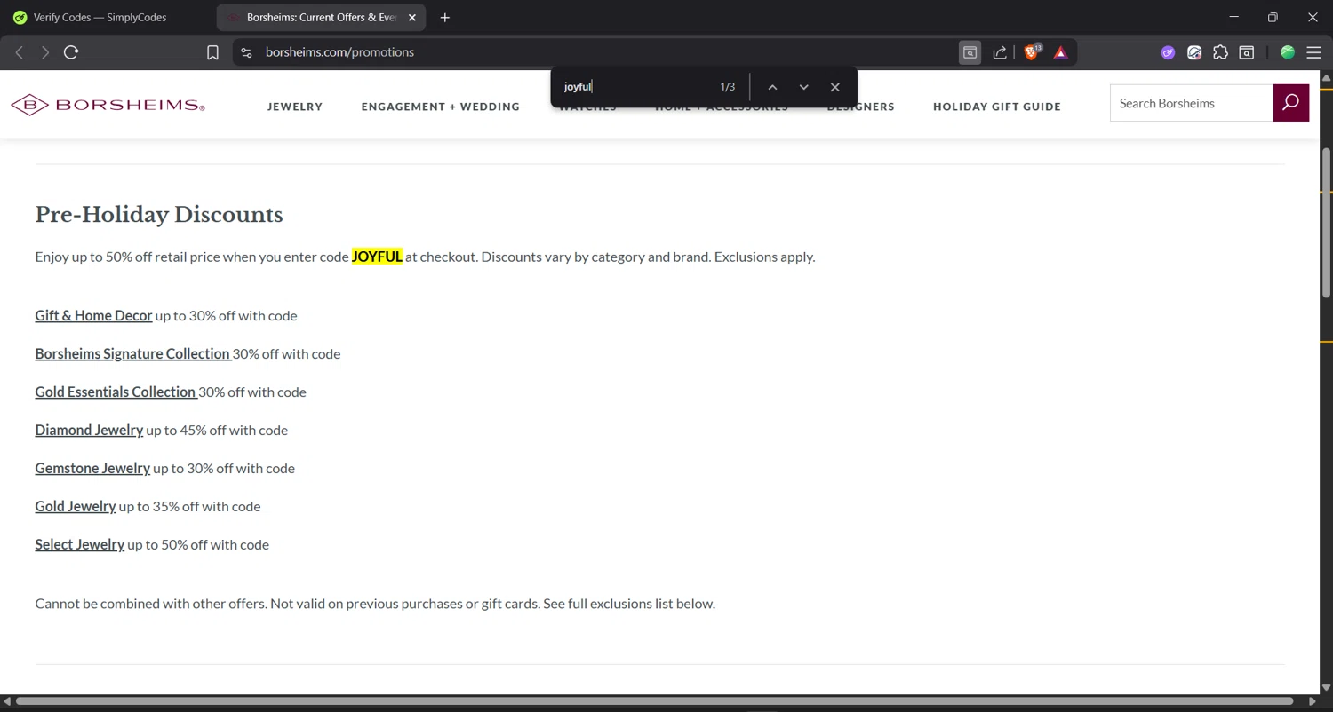 Borsheims promo code screenshot showing code joyful applied at Borsheims checkout page. Uploaded by SimplyCodes community member Focus_123 on Nov 11, 2025