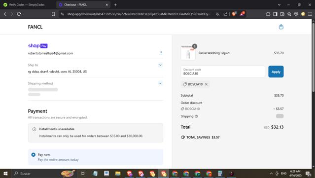 Boscia checkout page showing Boscia promo code box | Screenshot taken by SimplyCodes community member on Apr 16, 2025