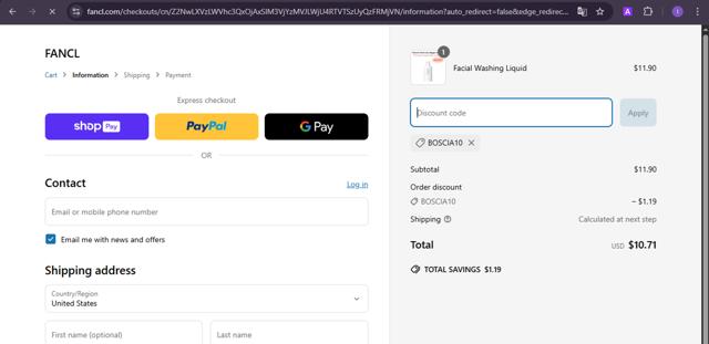 Boscia checkout page showing Boscia promo code box | Screenshot taken by SimplyCodes community member on Apr 19, 2025